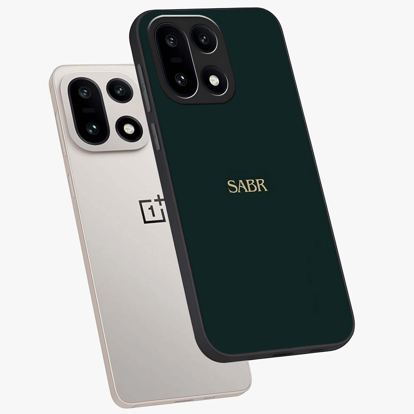 Sabr Minimal Patience Glass Case for 1+15 angled mockup showcasing glossy finish and subtle modern tones