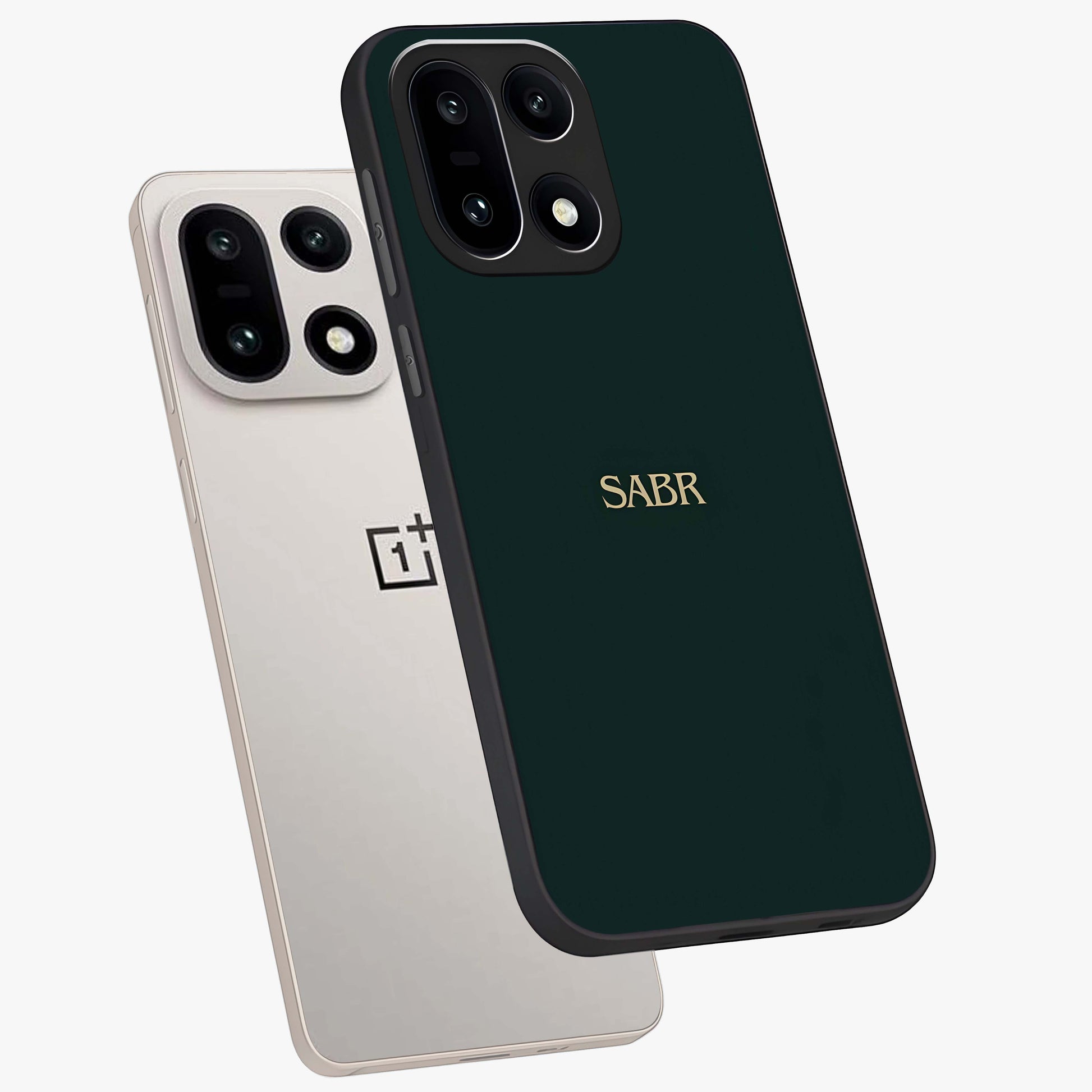 Sabr Minimal Patience Glass Case for 1+15 angled mockup showcasing glossy finish and subtle modern tones
