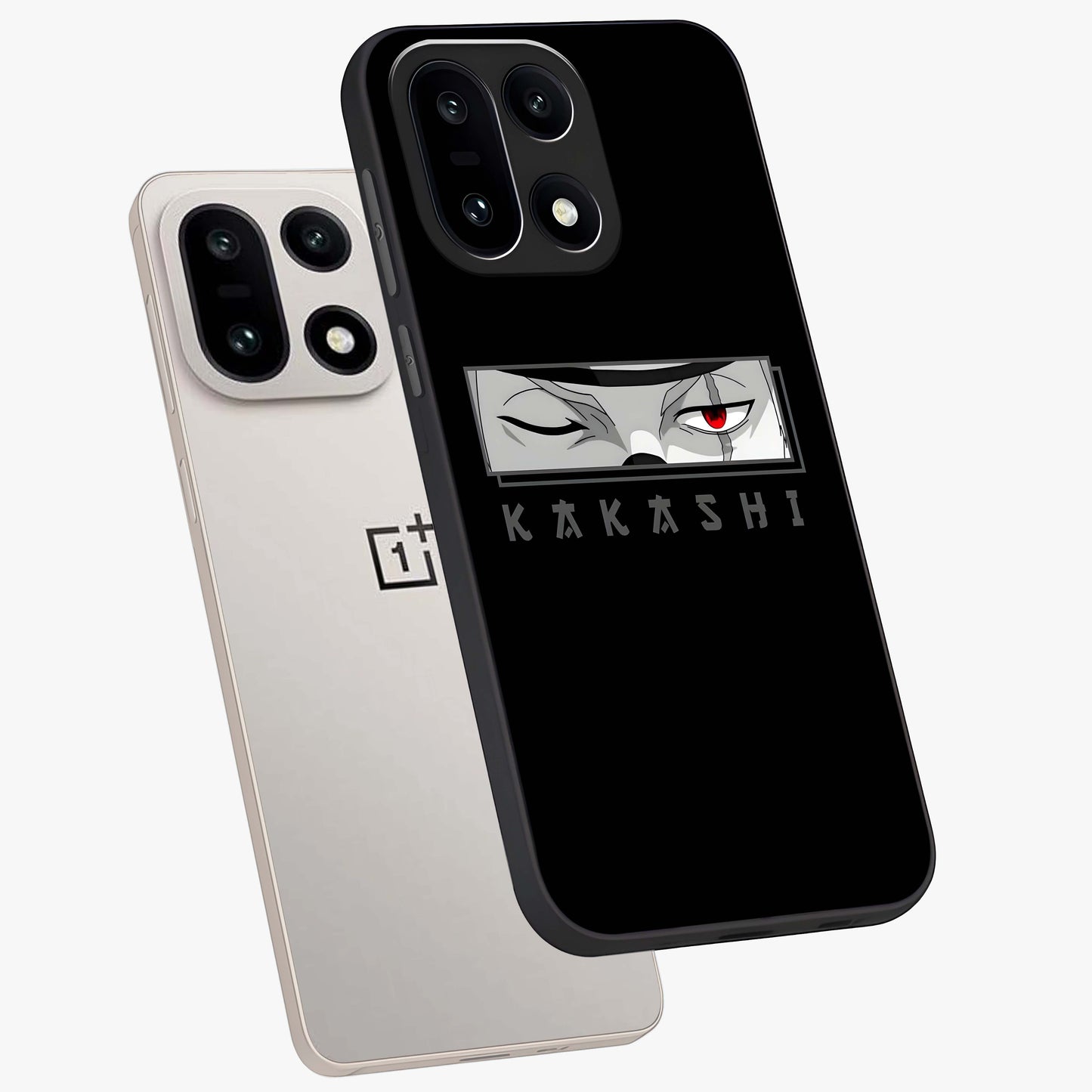 Scarlet Ninja Gaze Glass Case for 1+15 angled mockup showcasing glossy finish and sharp warrior detailing