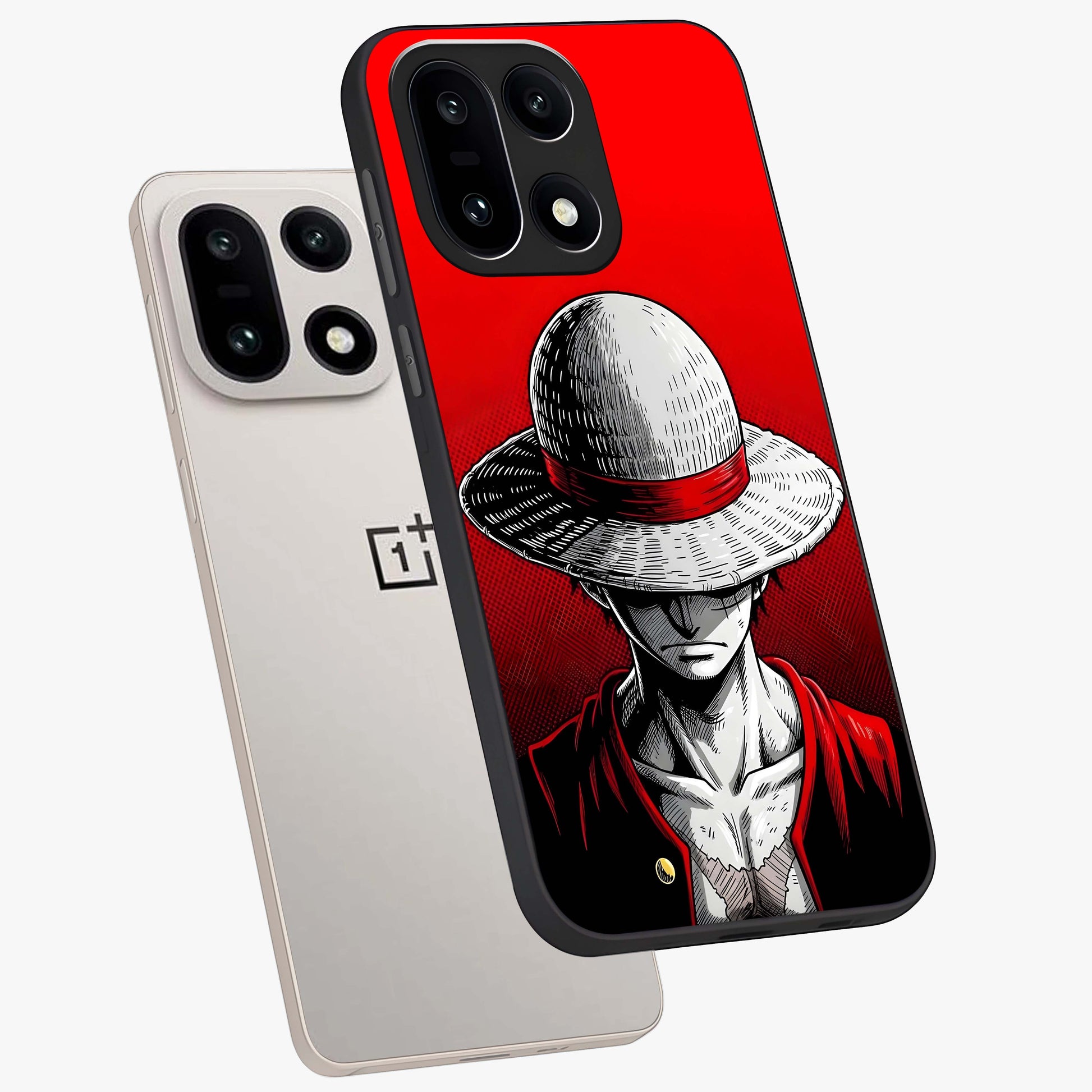 Scarlet Pirate Resolve Glass Case for 1+15 angled mockup showcasing glossy finish and dramatic adventurous tones