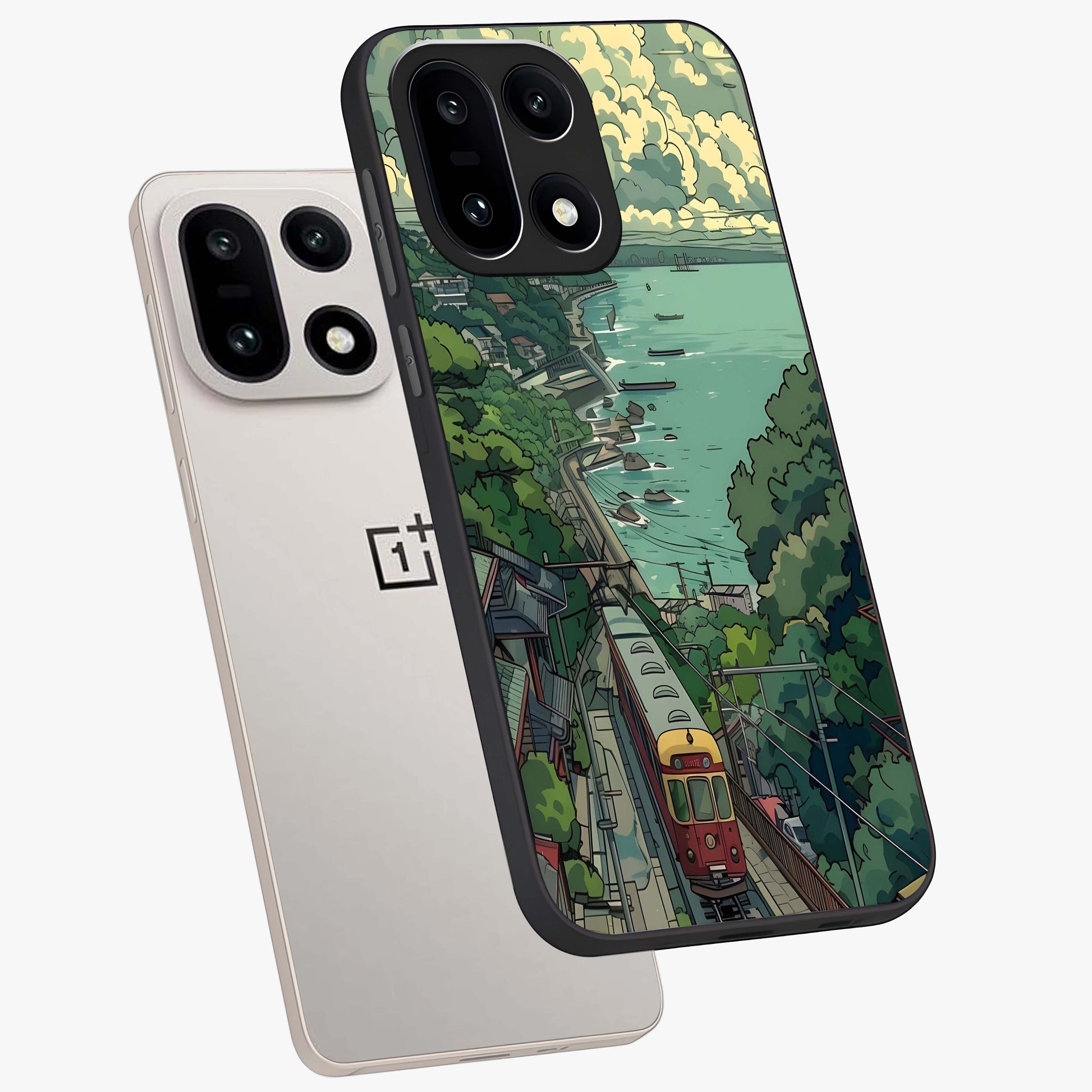 Seaside Train Ride Glass Case for 1+15 angled mockup showcasing glossy finish and calming ocean gradients