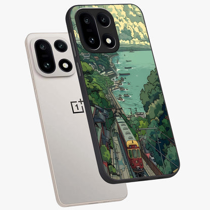 Seaside Train Ride Glass Case for 1+15 angled mockup showcasing glossy finish and calming ocean gradients