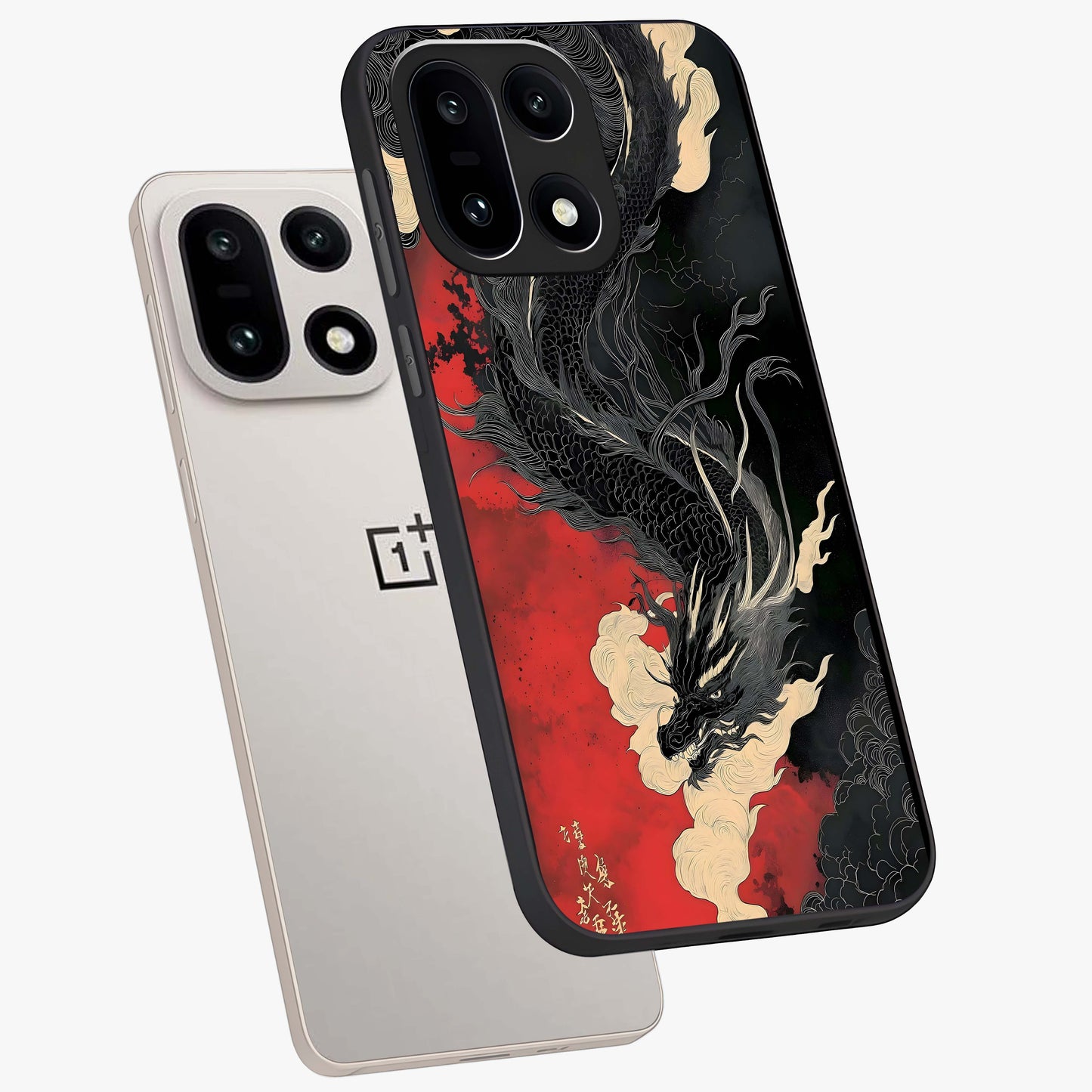 Shadow Dragon Fury Glass Case for 1+15 angled mockup showcasing glossy finish and powerful fantasy detailing