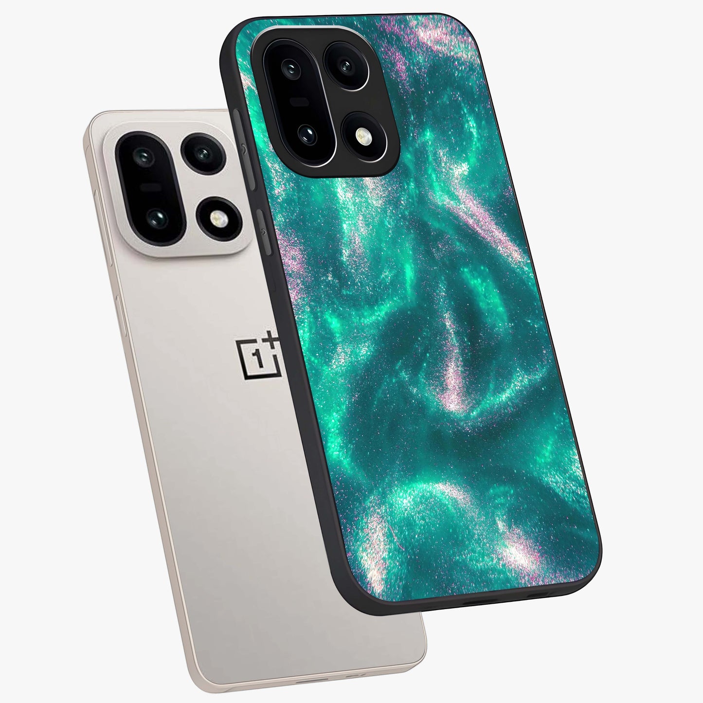 Shimmering Nebula Waves Glass Case for 1+15 angled mockup showcasing glossy finish and deep space gradients
