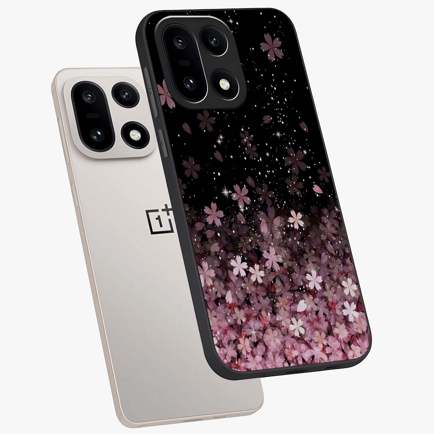 Small Starry Flowers Glass Case for 1+15 angled mockup showcasing glossy finish and soft pastel tones