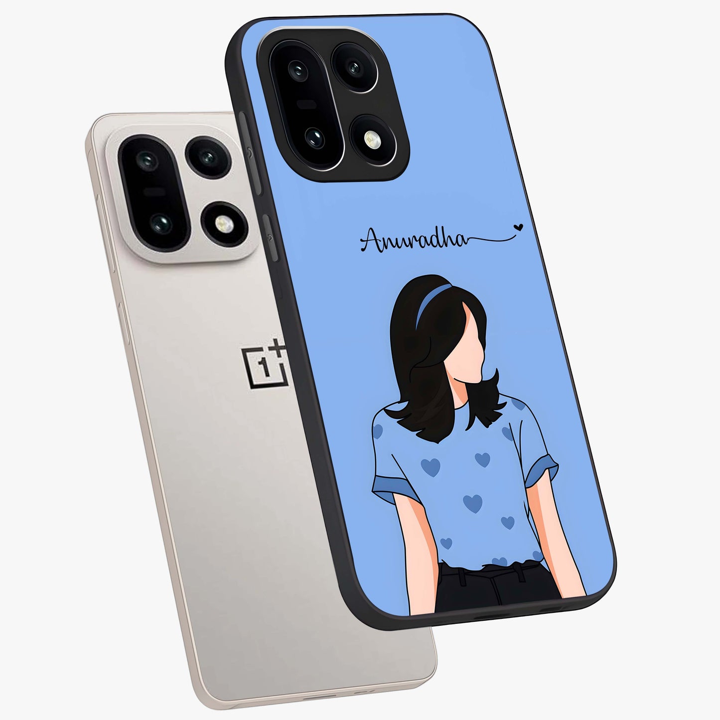 Soft Hearts Girl Glass Case for 1+15 angled mockup showcasing glossy finish and pastel romantic tones