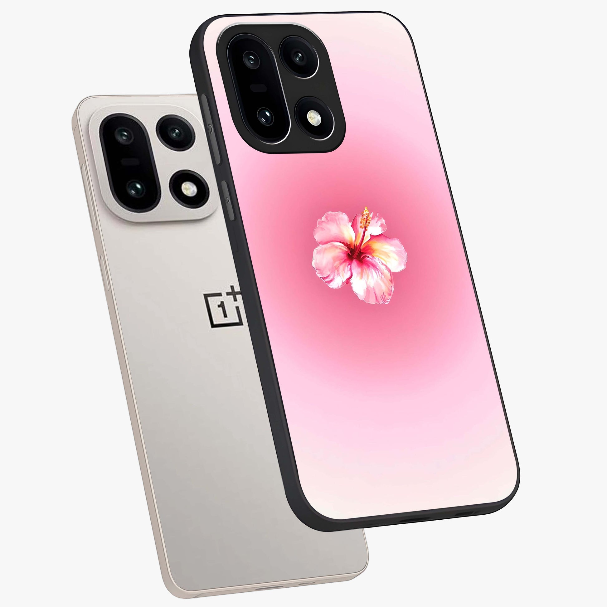 Soft Petal Serenity Glass Case for 1+15 angled mockup showcasing glossy finish and calming bloom detailing
