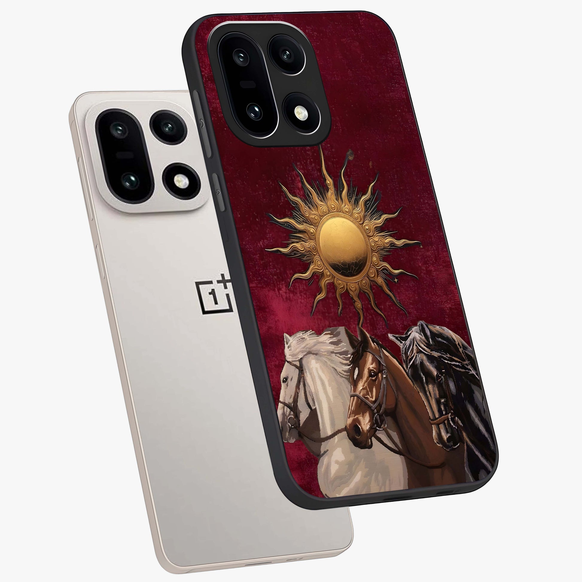 Solar Riders Glass Case for 1+15 angled mockup showcasing glossy finish and vibrant sunset gradients