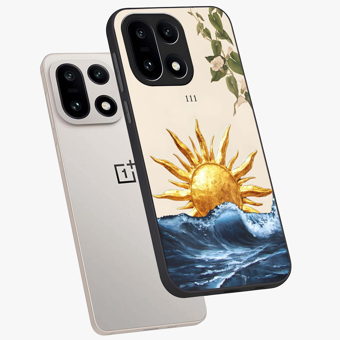 Solar Wave Bloom Glass Case for 1+15 angled mockup showcasing glossy finish and warm luminous tones