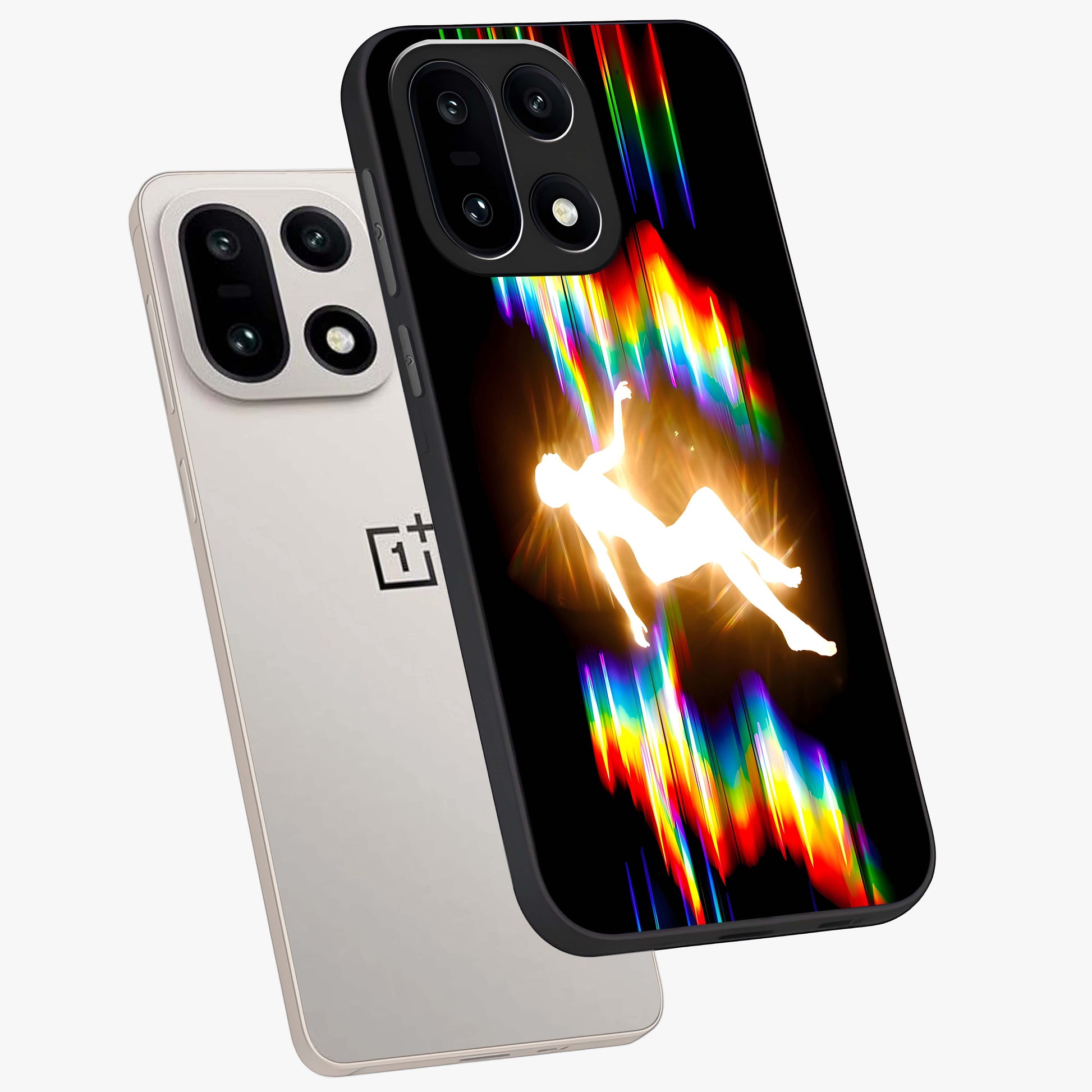 Soul in Spectrum Glass Case for 1+15 angled mockup showcasing glossy finish and vibrant gradient detailing
