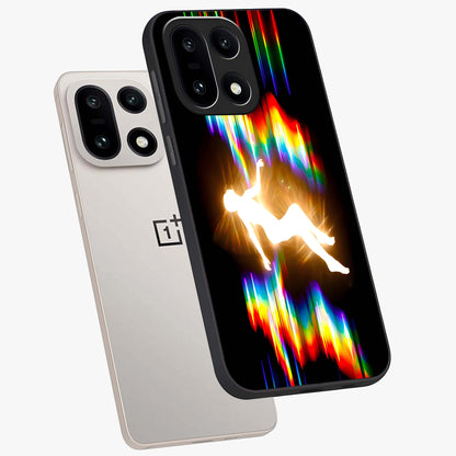 Soul in Spectrum Glass Case for 1+15 angled mockup showcasing glossy finish and vibrant gradient detailing