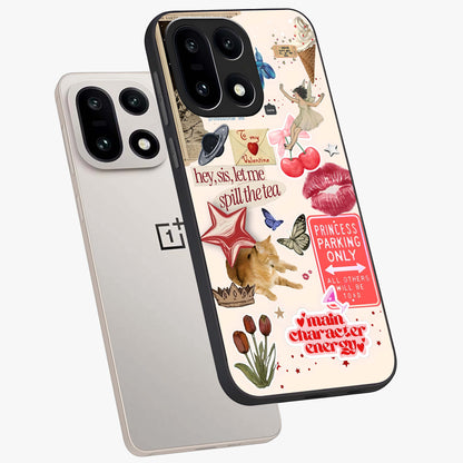 Spill the Tea Retro Collage Glass Case for 1+15 angled mockup showcasing glossy finish and bold retro detailing