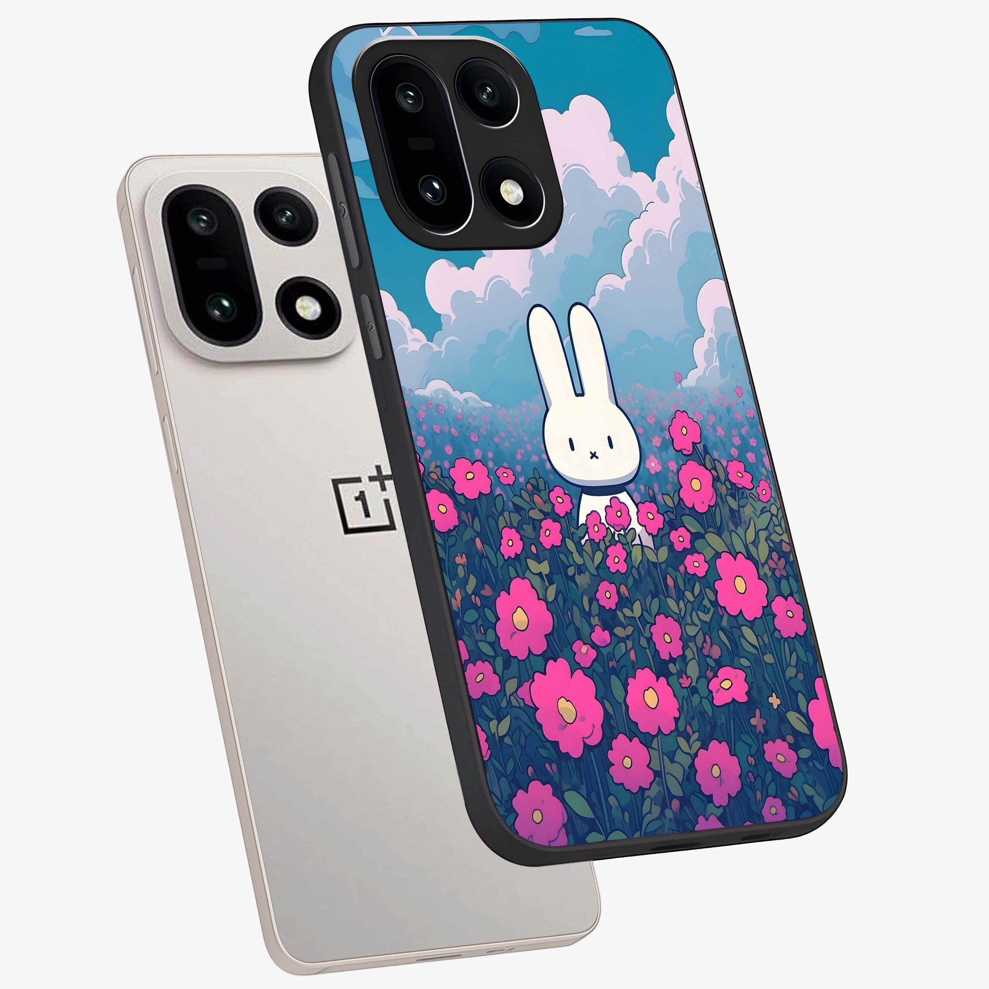 Springtime Blossom Bunny Glass Case for 1+15 angled mockup showcasing glossy finish and soft pastel tones