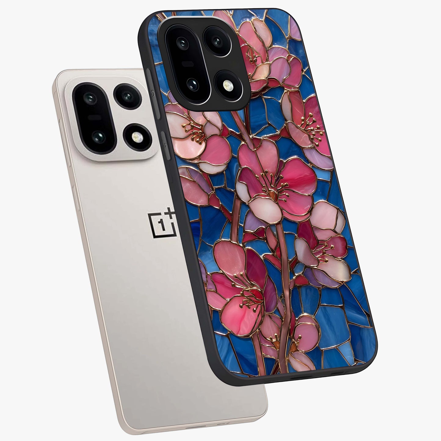 Stained Bloom Grace Glass Case for 1+15 angled mockup showcasing glossy finish and vibrant mosaic tones