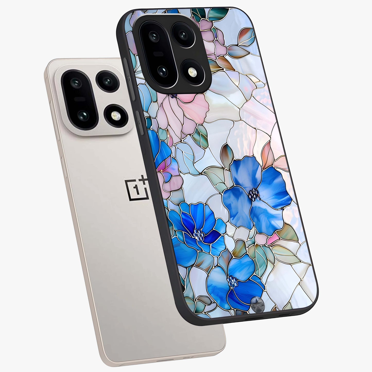 Stained Blue Floral Glass Case for 1+15 angled mockup showcasing glossy glass finish and rich sapphire tones