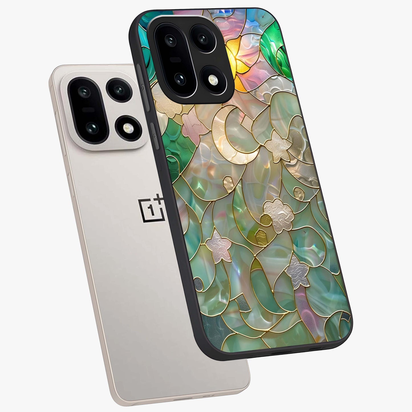 Stained Sunrise Glow Glass Case for 1+15 angled mockup showcasing glossy finish and warm golden gradients