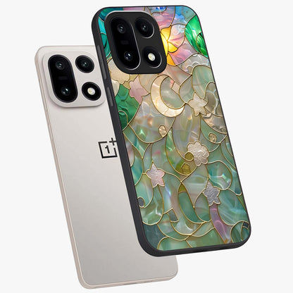 Stained Sunrise Glow Glass Case for 1+15 angled mockup showcasing glossy finish and warm golden gradients