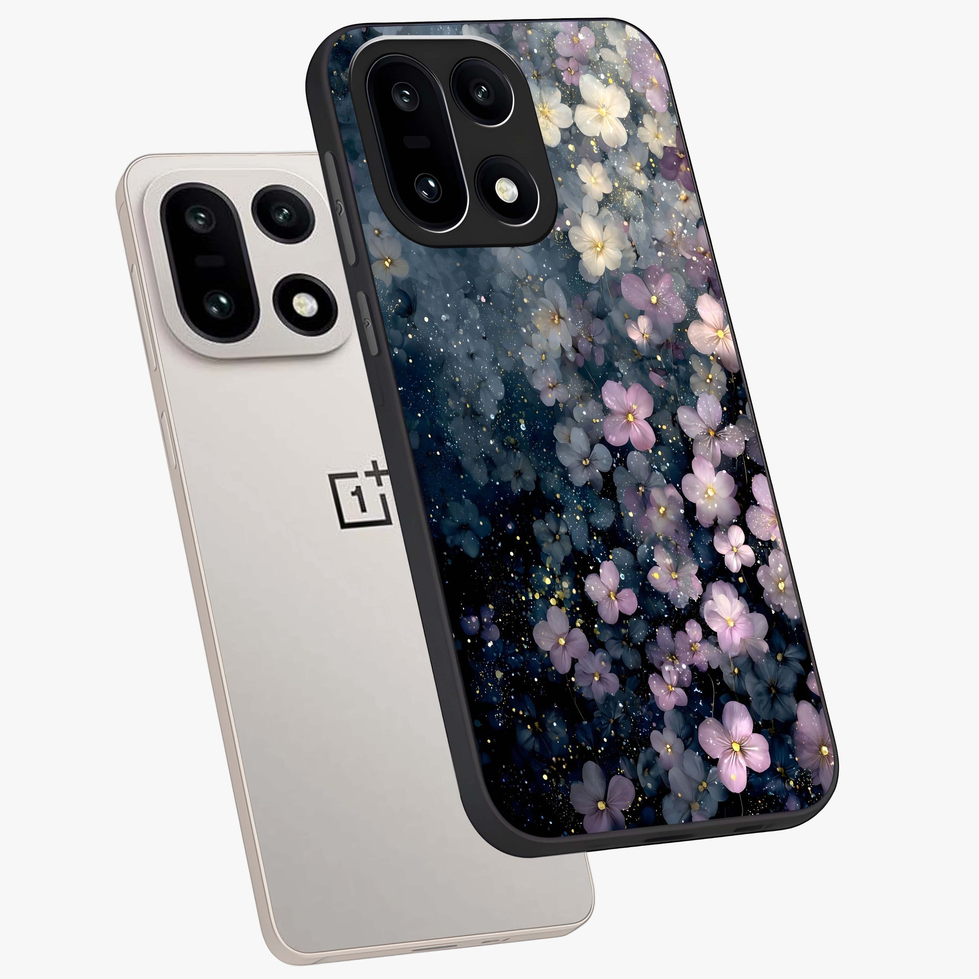 Starlit Blossom Dreams Glass Case for 1+15 angled mockup showcasing glossy finish and soft celestial detailing