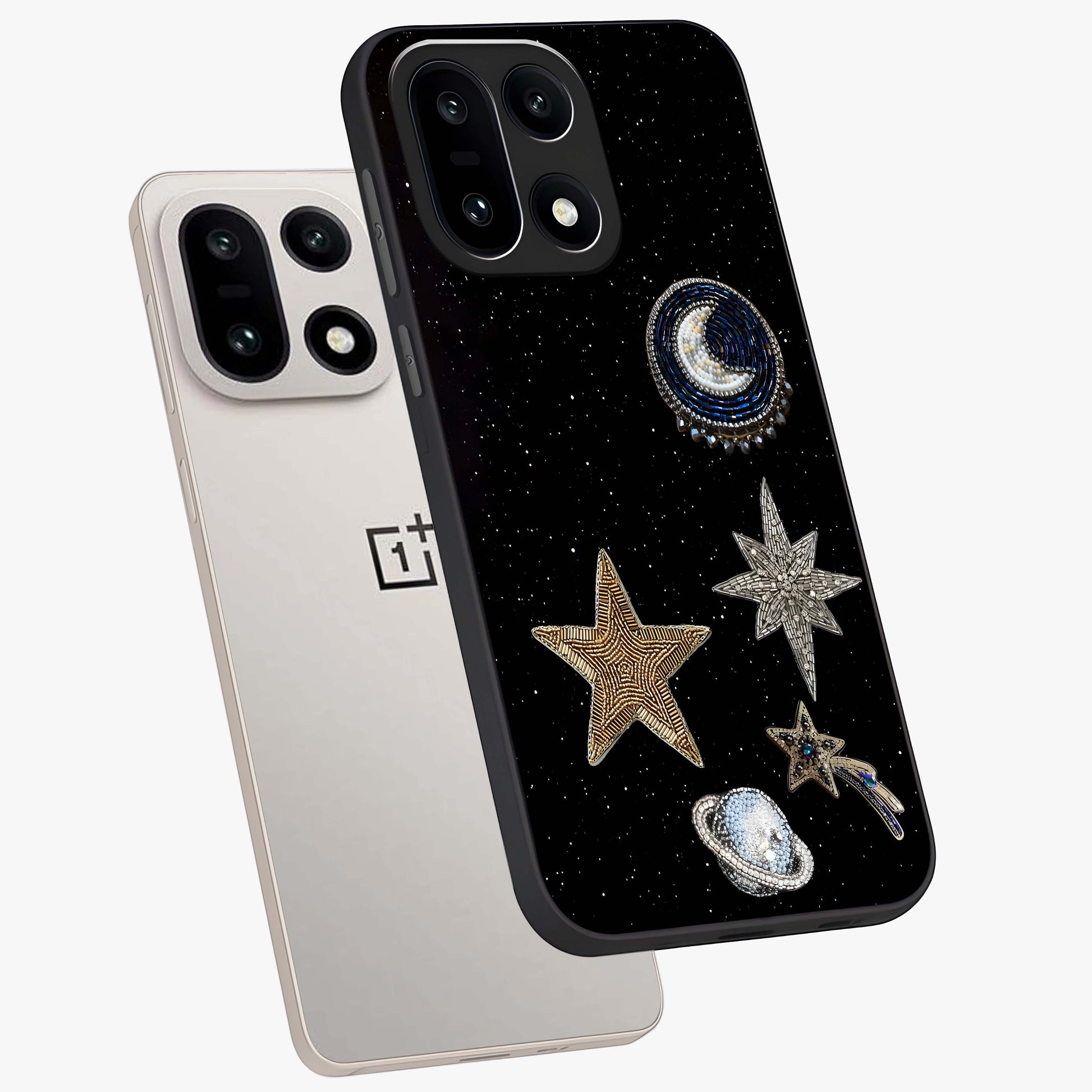 Starlit Cosmic Dreams Glass Case for 1+15 angled mockup showcasing glossy finish and deep space gradients