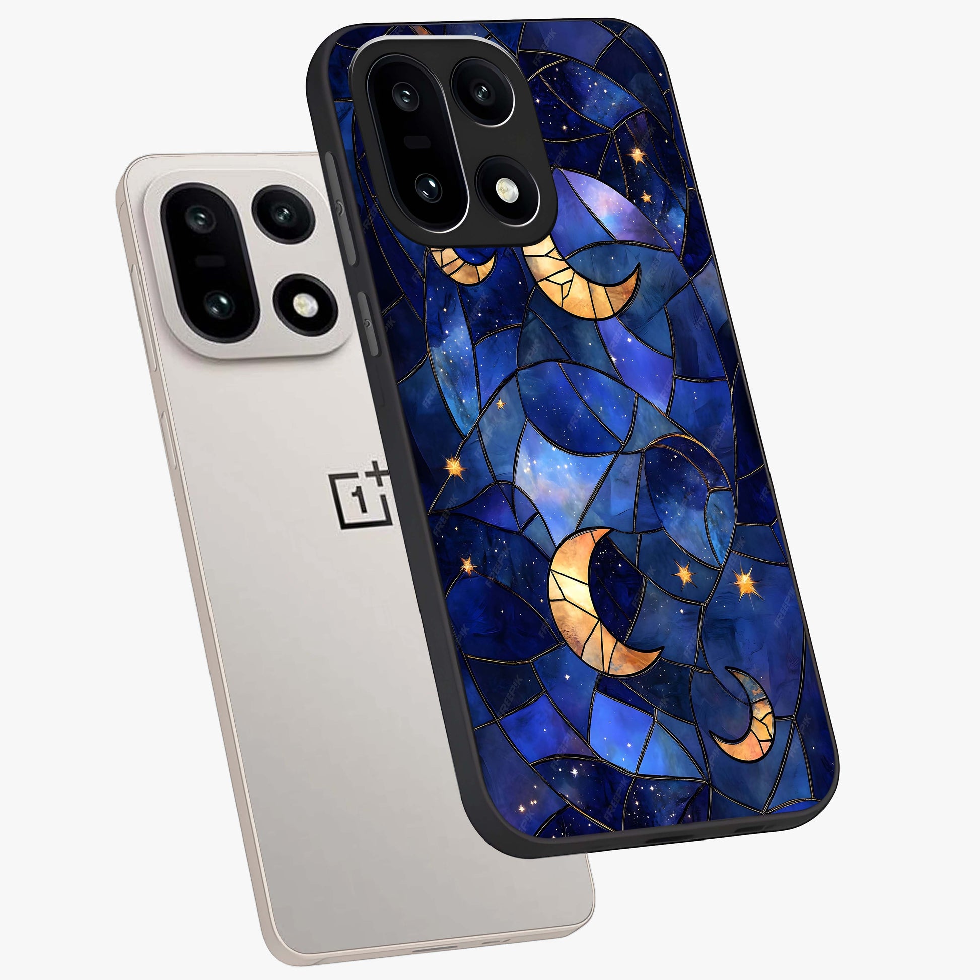 Starlit Sky Tapestry Glass Case for 1+15 angled mockup showcasing glossy finish and rich night tones