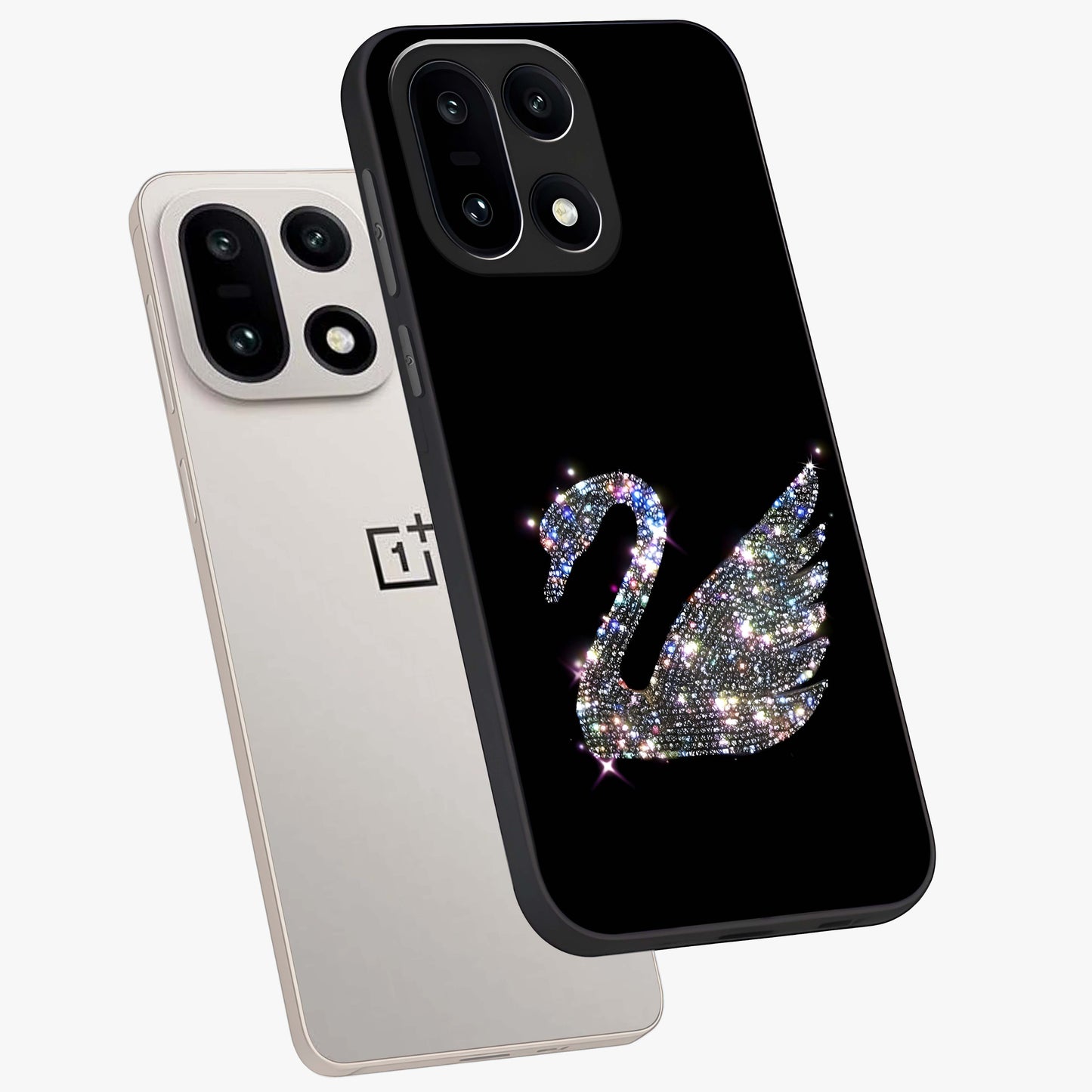 Starlit Swan Grace Glass Case for 1+15 angled mockup showcasing glossy finish and serene celestial tones