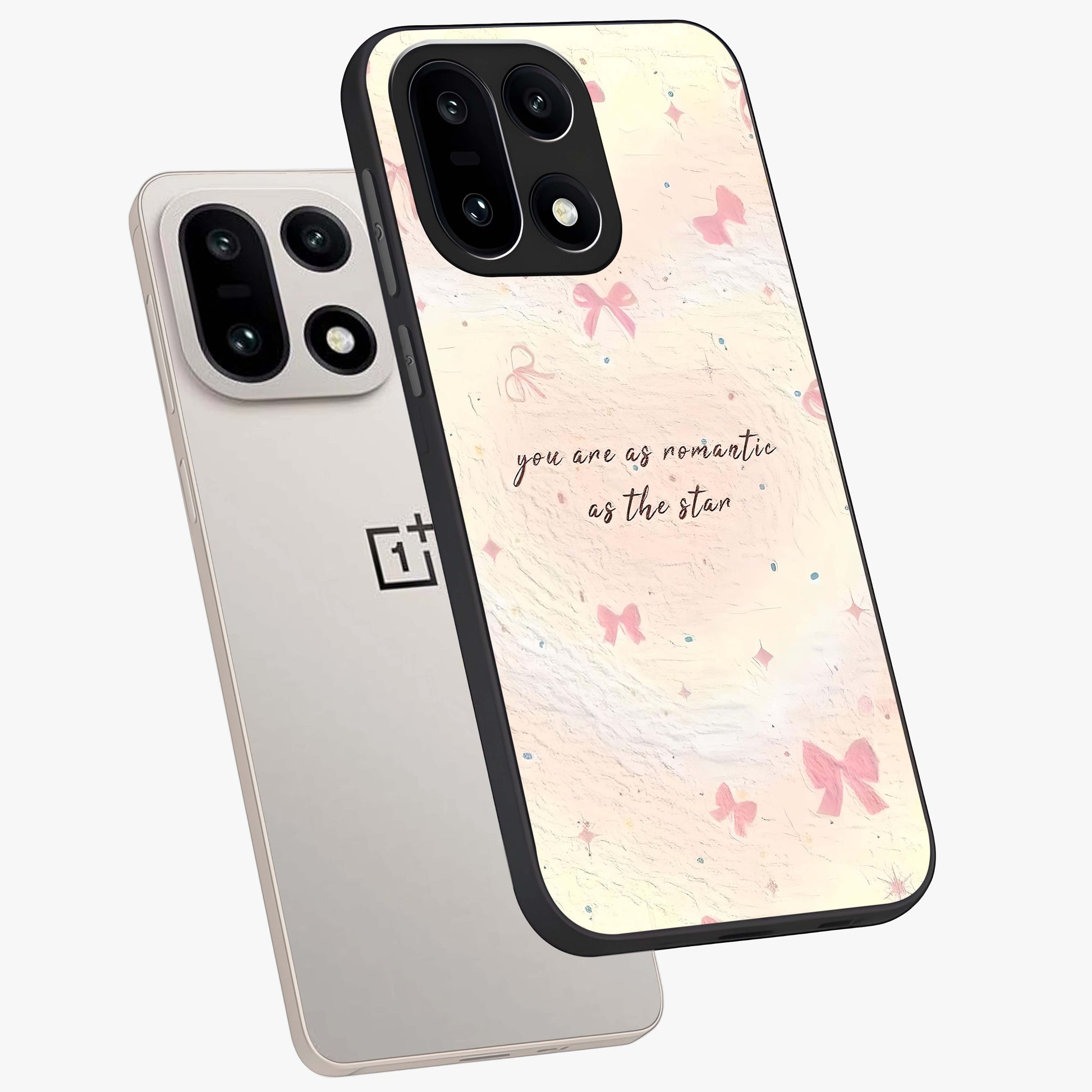 Starry Bow Romance Glass Case for 1+15 angled mockup showcasing glossy finish and soft dreamy tones