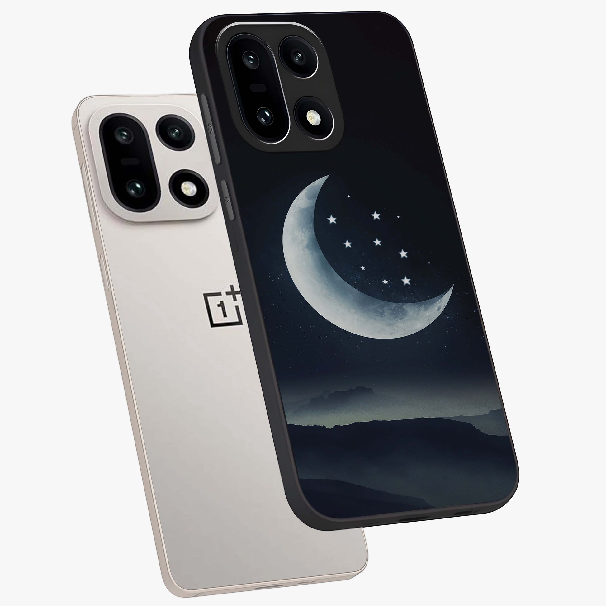 Starry Moon Pattern Glass Case for 1+15 angled mockup showcasing glossy glass finish and deep night tones