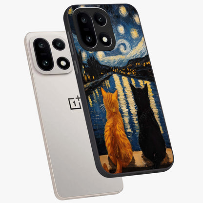 Starry River Cats Glass Case for 1+15 angled mockup showcasing glossy finish and soft cosmic detailing