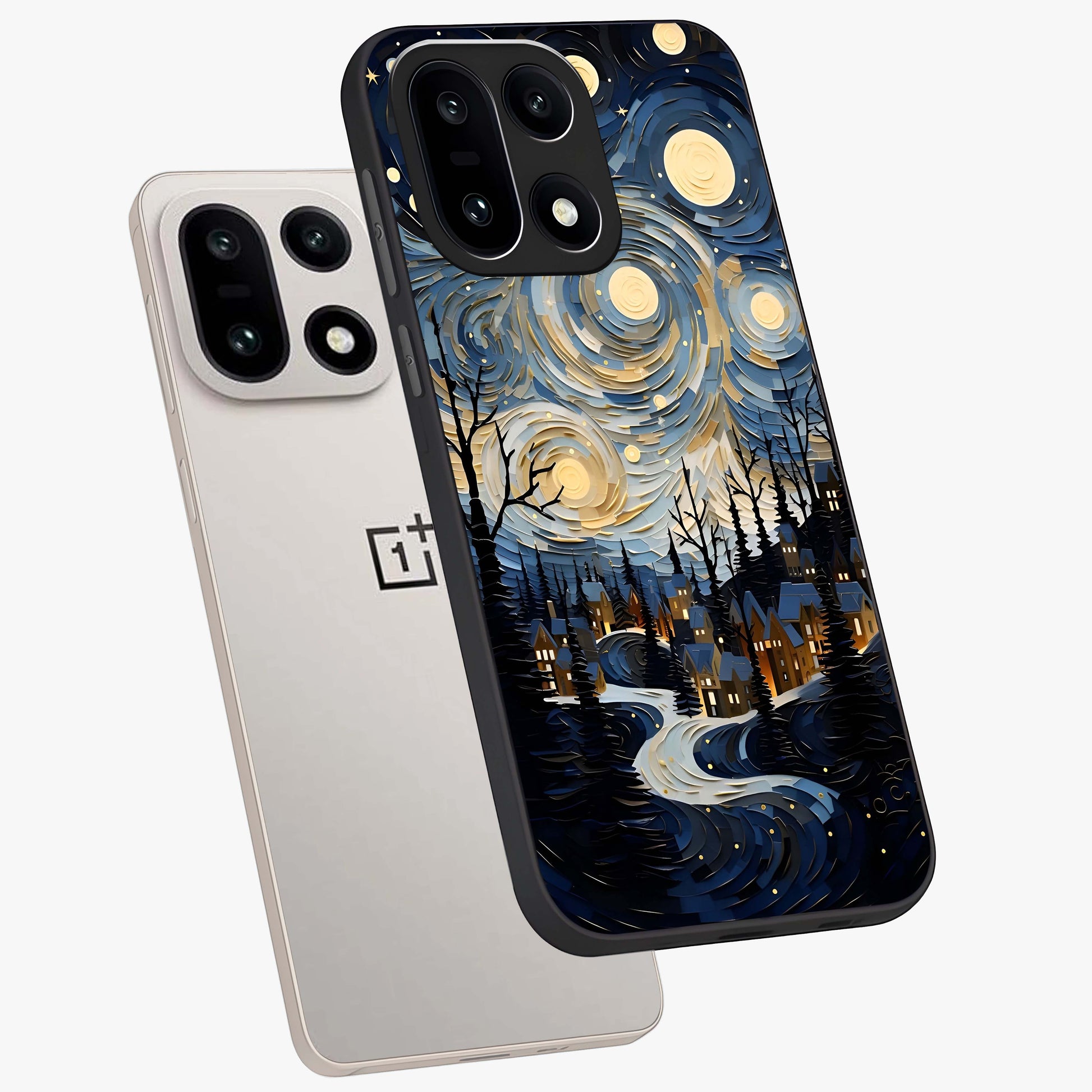 Starry Winter Town Glass Case for 1+15 angled mockup showcasing glossy finish and cool winter tones