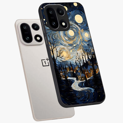 Starry Winter Town Glass Case for 1+15 angled mockup showcasing glossy finish and cool winter tones