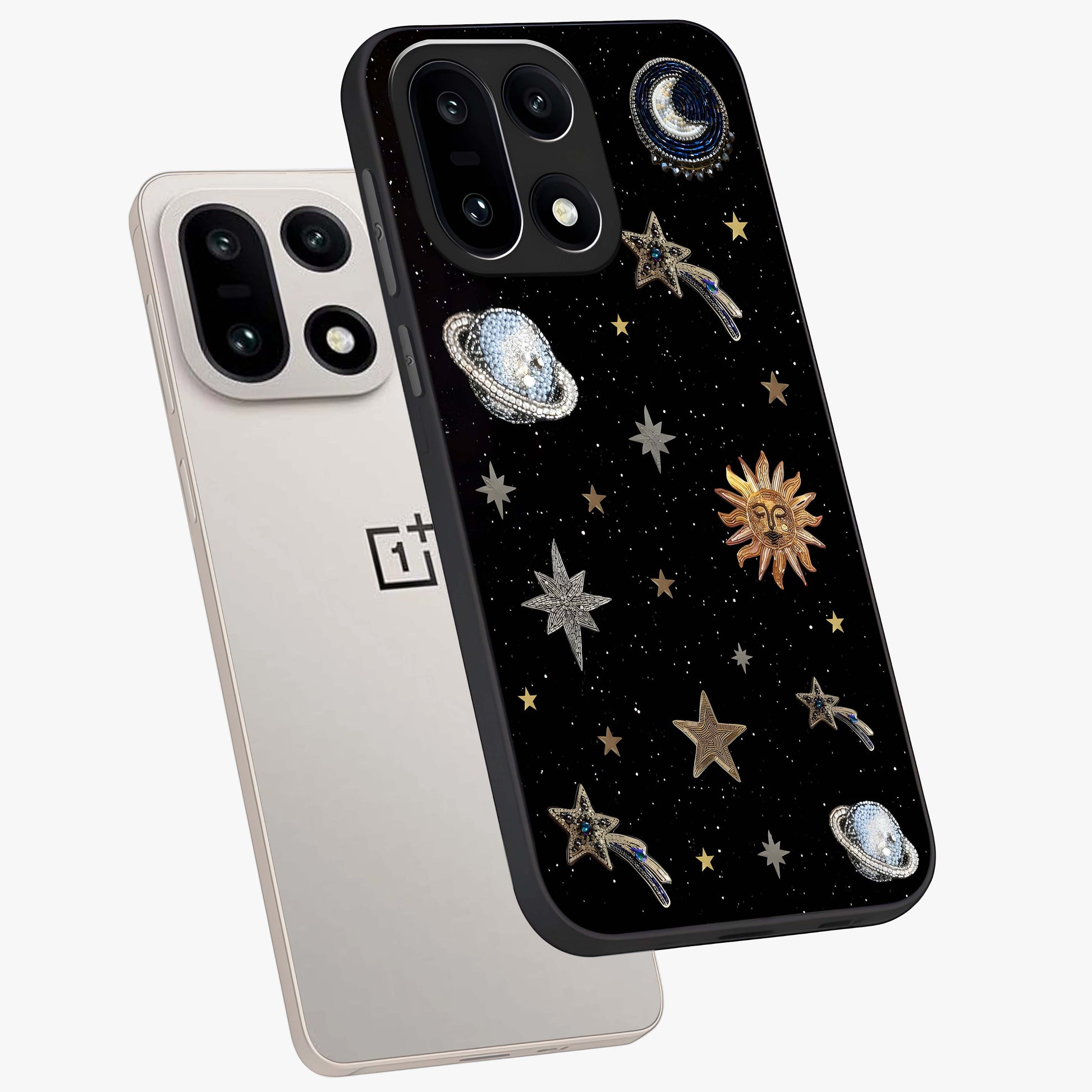 Stars and Planets Brooches Glass Case for 1+15 angled mockup showcasing glossy finish and luminous space tones