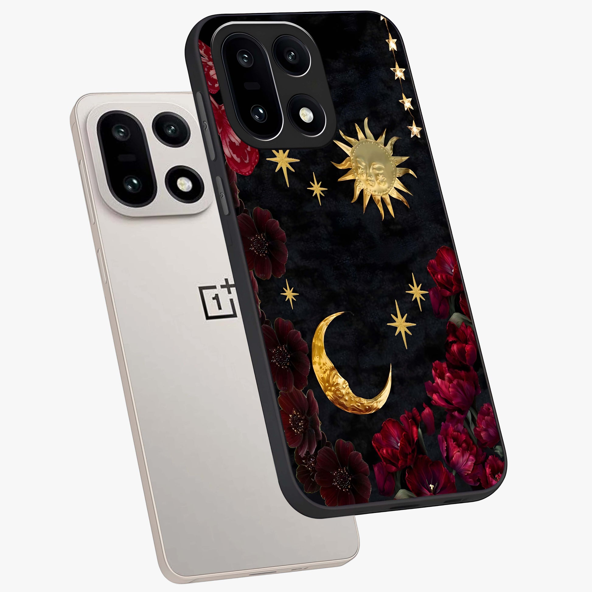 Sun Moon Flowers Glass Case for 1+15 angled mockup showcasing glossy finish and balanced celestial tones