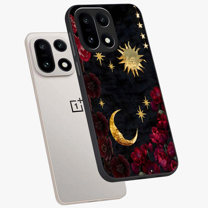 Sun Moon Flowers Glass Case for 1+15 angled mockup showcasing glossy finish and balanced celestial tones