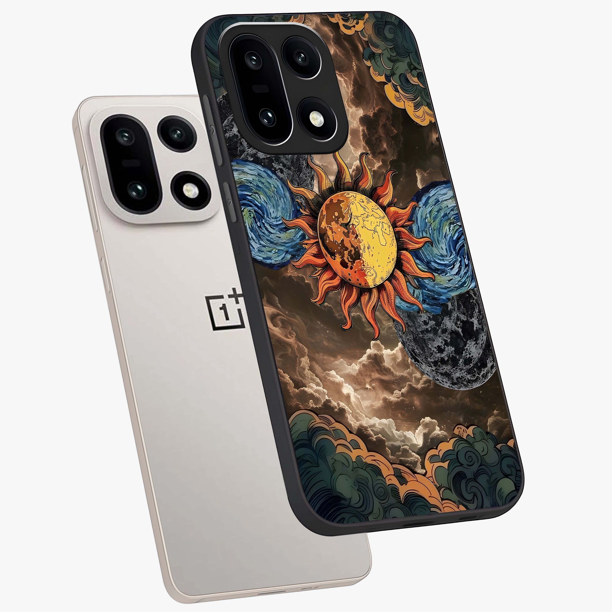 Sun Moon Stormy Sky Glass Case for 1+15 angled mockup showcasing glossy finish and bold contrast tones