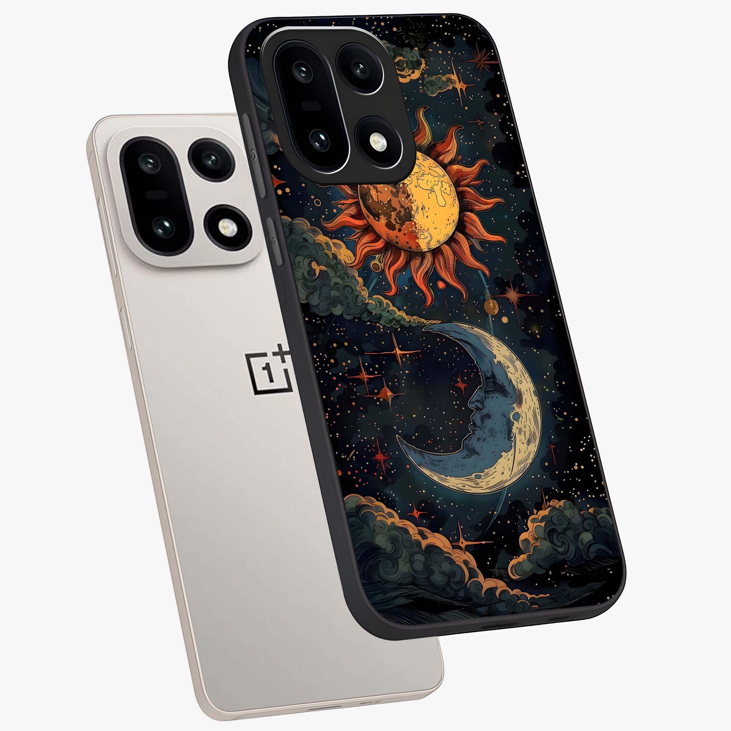 Sun and Moon Magic Design Glass Case for 1+15 angled mockup showcasing glossy finish and mystical gradient tones