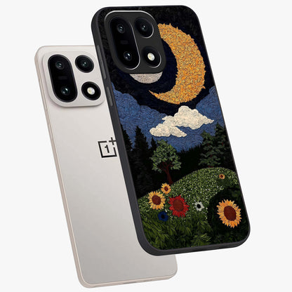 Sun and Moonflowers Glass Case for 1+15 angled mockup showcasing glossy finish and warm radiant tones