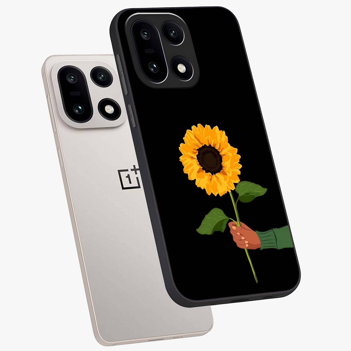 Sunflower Custom Name Glass Case for 1+15 angled mockup showcasing glossy glass finish and warm floral tones