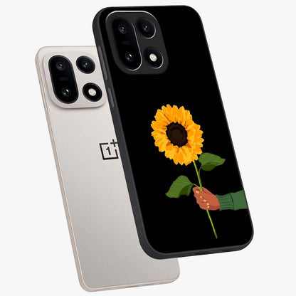 Sunflower Custom Name Glass Case for 1+15 angled mockup showcasing glossy glass finish and warm floral tones