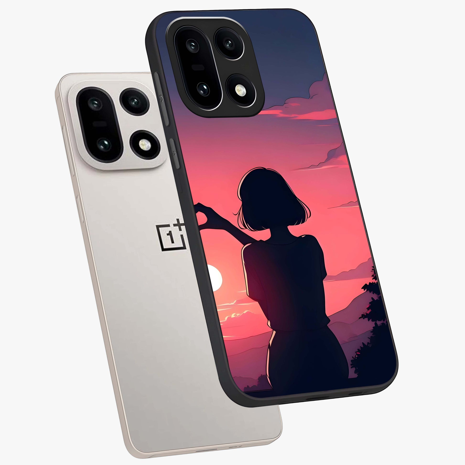 Sunset Silhouette Boy Glass Case for 1+15 angled mockup showcasing glossy finish and rich orange tones