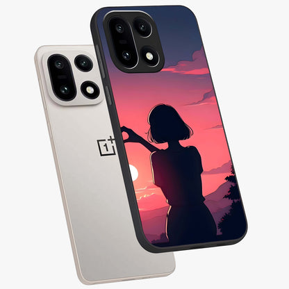 Sunset Silhouette Boy Glass Case for 1+15 angled mockup showcasing glossy finish and rich orange tones