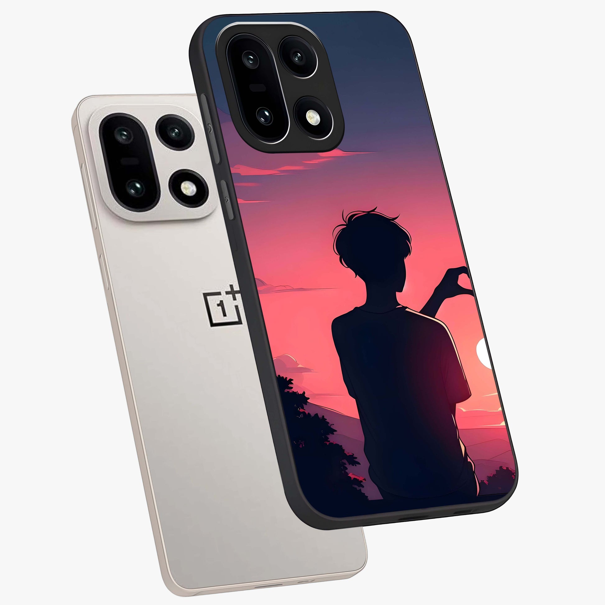 Sunset Silhouette Girl Glass Case for 1+15 angled mockup showcasing glossy finish and warm gradient tones