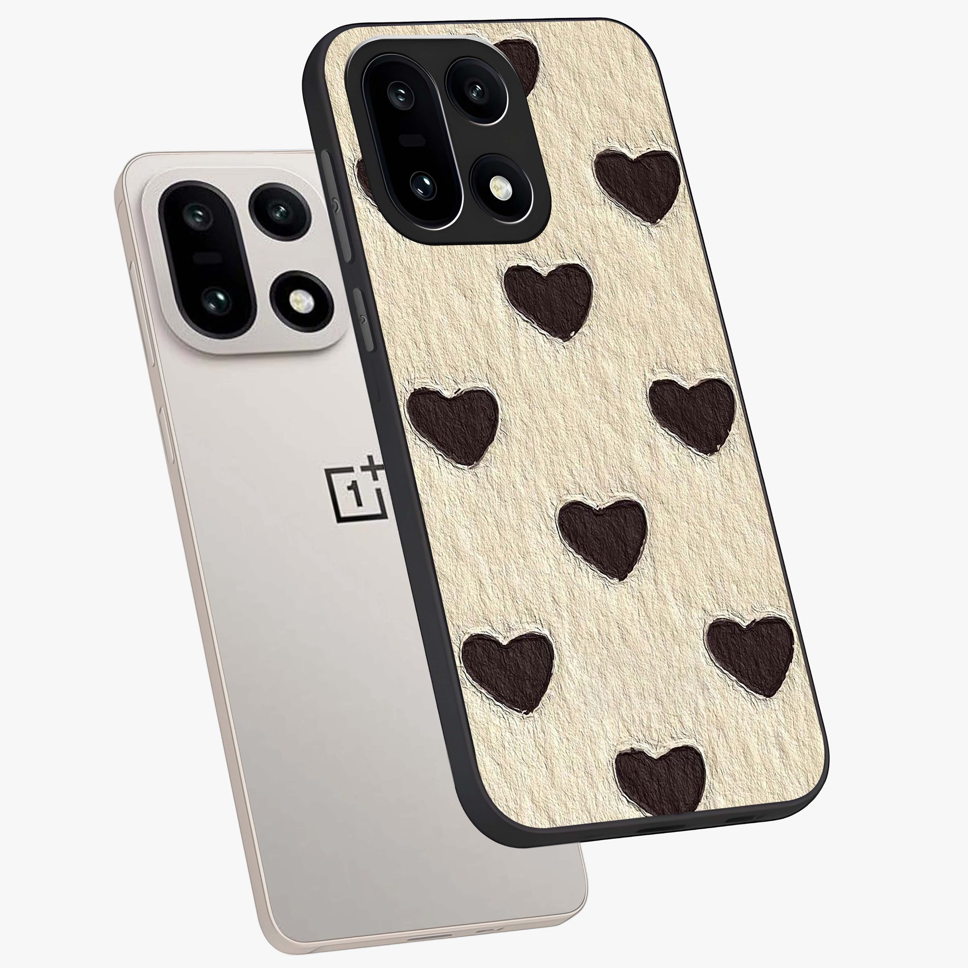 Textured Love Pattern Glass Case for 1+15 angled mockup showcasing glossy finish and subtle pattern detailing