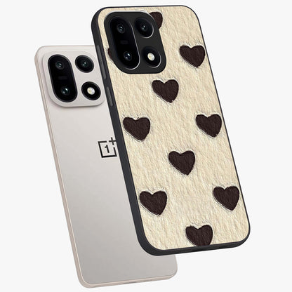 Textured Love Pattern Glass Case for 1+15 angled mockup showcasing glossy finish and subtle pattern detailing