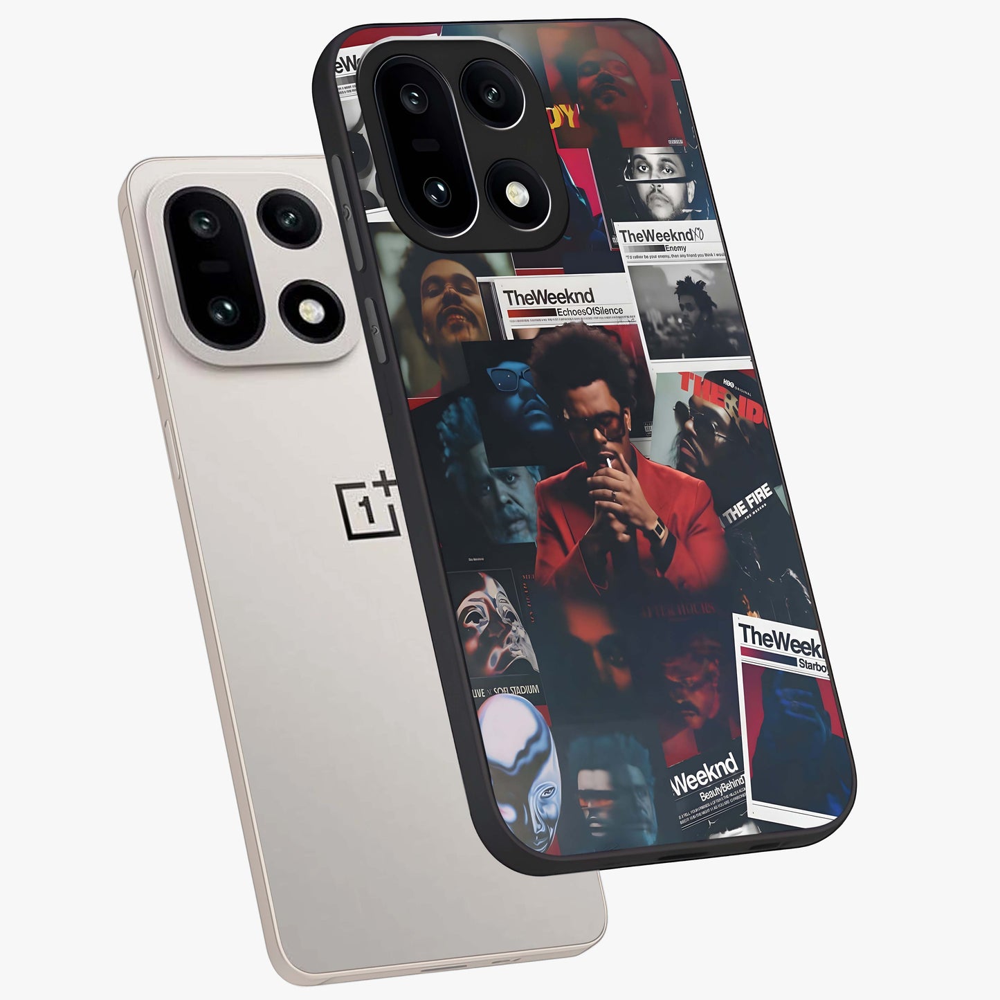 The Weeknd Glass Case for 1+15 angled mockup showcasing glossy finish and bold modern tones