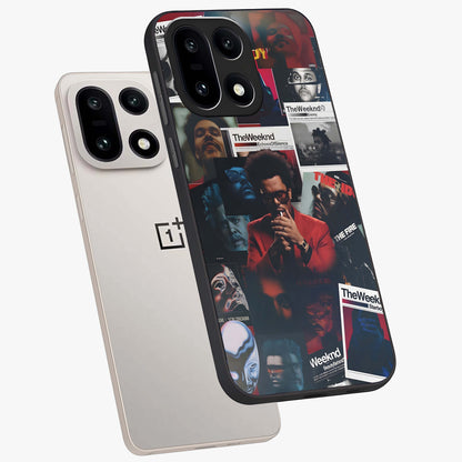 The Weeknd Glass Case for 1+15 angled mockup showcasing glossy finish and bold modern tones