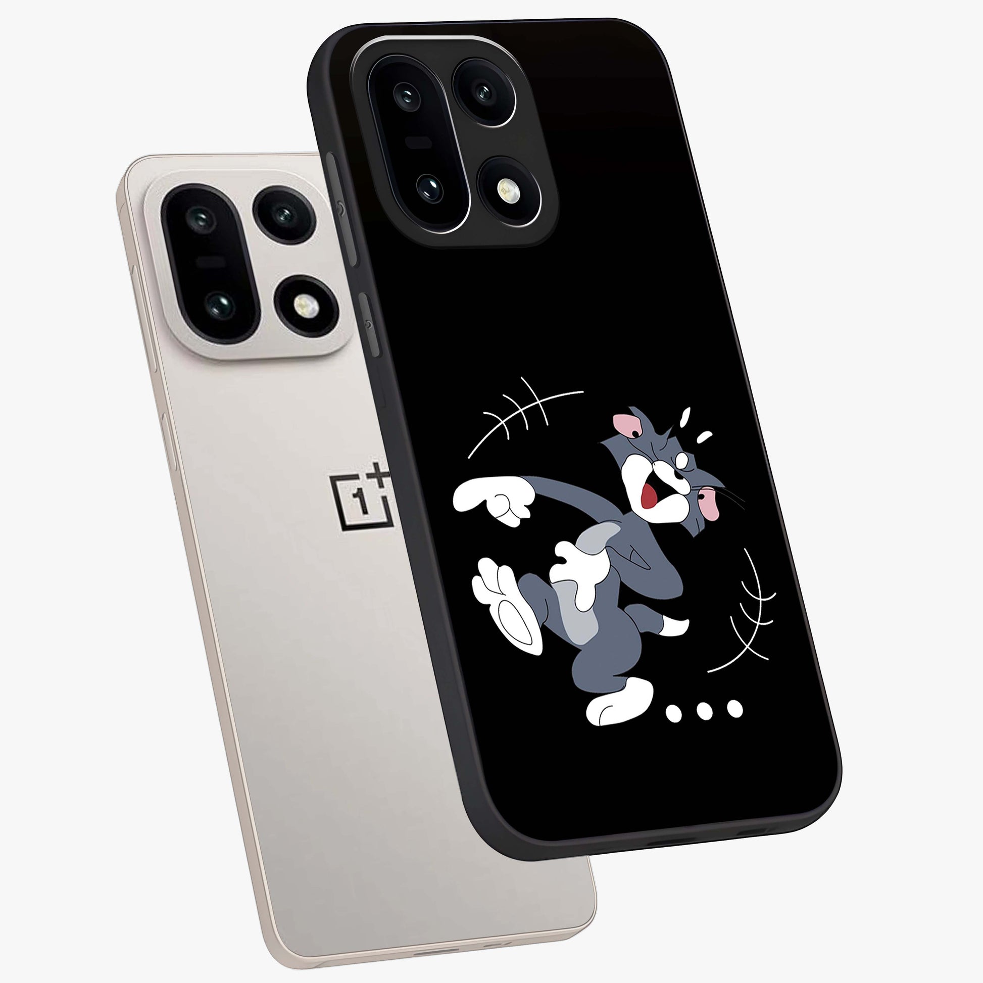 Tom in Trouble Glass Case for 1+15 angled mockup showcasing glossy finish and vibrant cartoon detailing