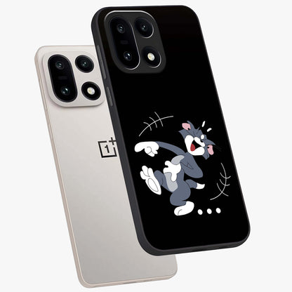 Tom in Trouble Glass Case for 1+15 angled mockup showcasing glossy finish and vibrant cartoon detailing