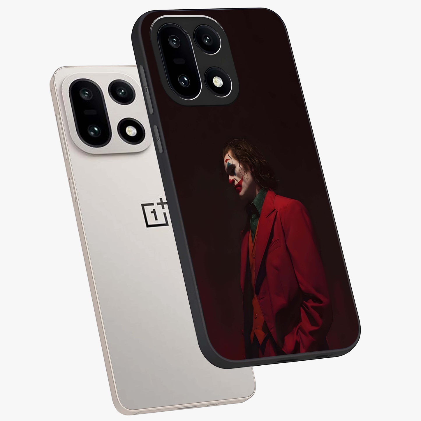 Tragic Chaos King Glass Case for 1+15 angled mockup showcasing glossy finish and bold shadow detailing