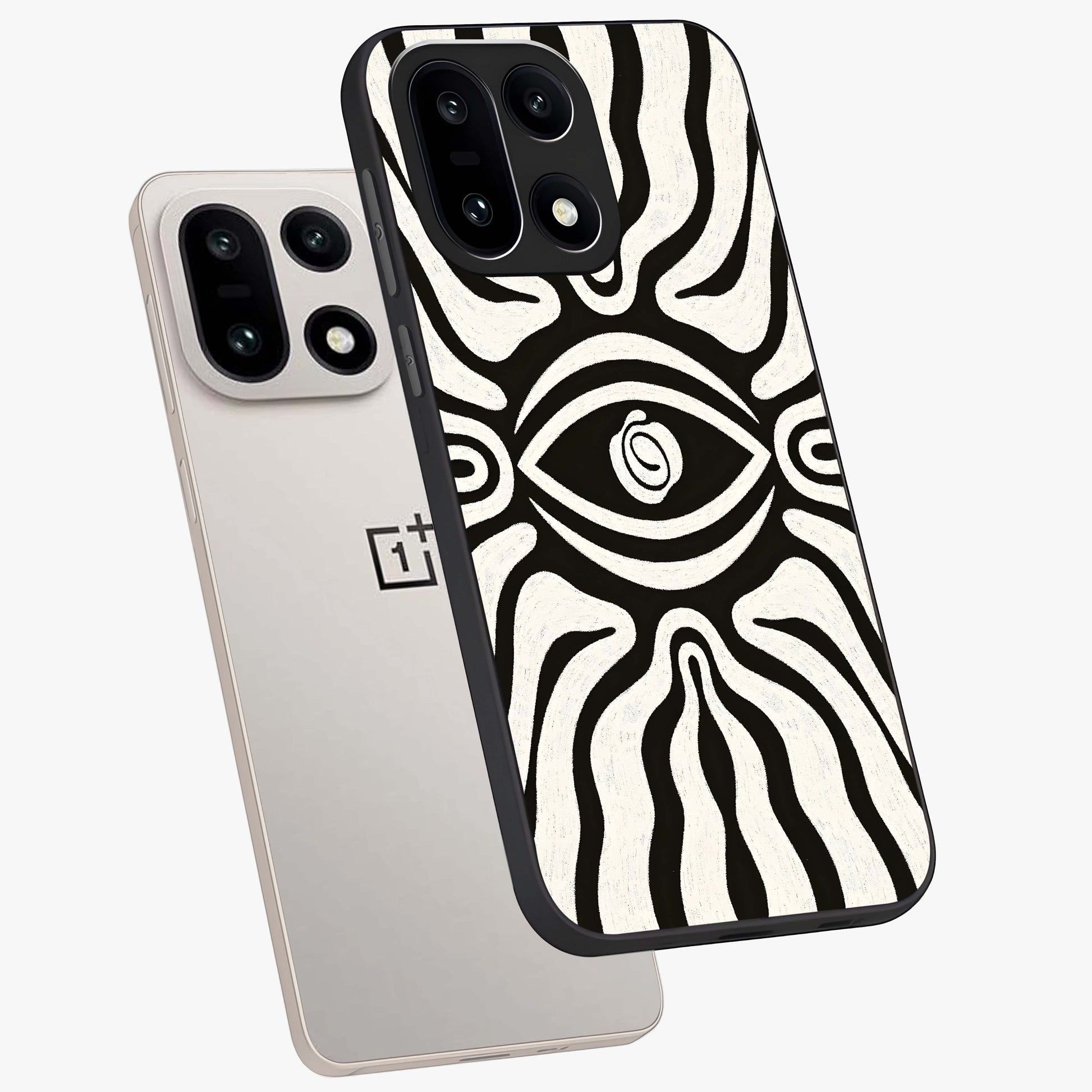 Trancewave Illusion Art Glass Case for 1+15 angled mockup showcasing glossy finish and psychedelic detailing