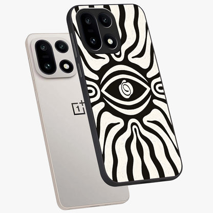 Trancewave Illusion Art Glass Case for 1+15 angled mockup showcasing glossy finish and psychedelic detailing